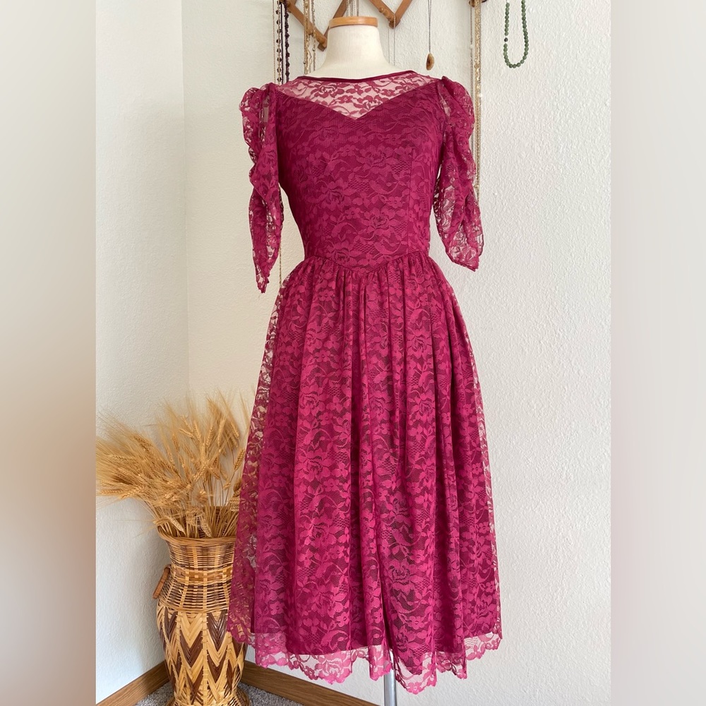 1980s Vintage Plum Lace and Satin Prom Dress